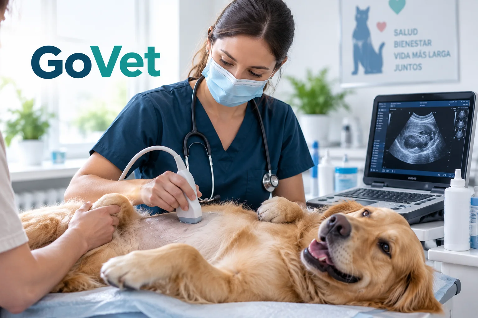 Estudio de ecografía veterinaria con perro, gato, profesional y equipo diagnóstico