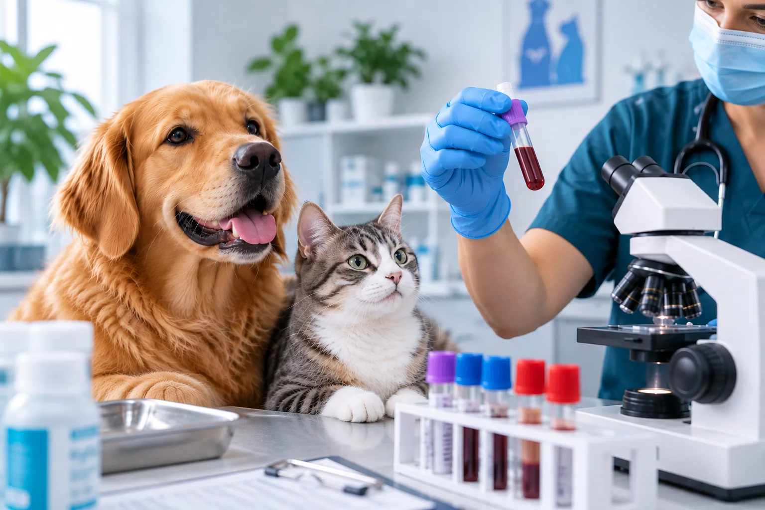 Perro y gato durante una toma de muestras veterinaria a domicilio
