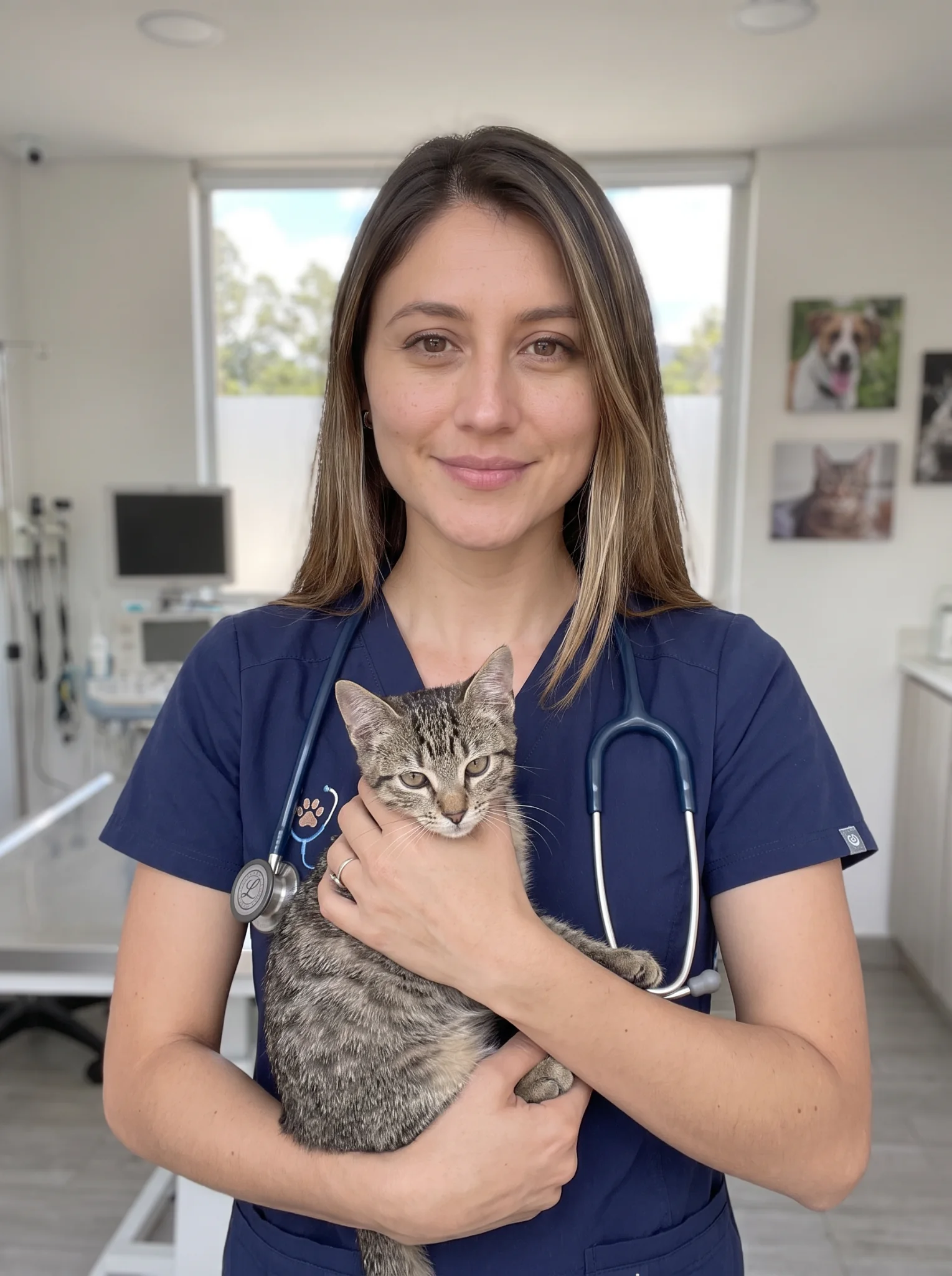 Dra. Lina Calderón, médica veterinaria de GoVet, con un gato