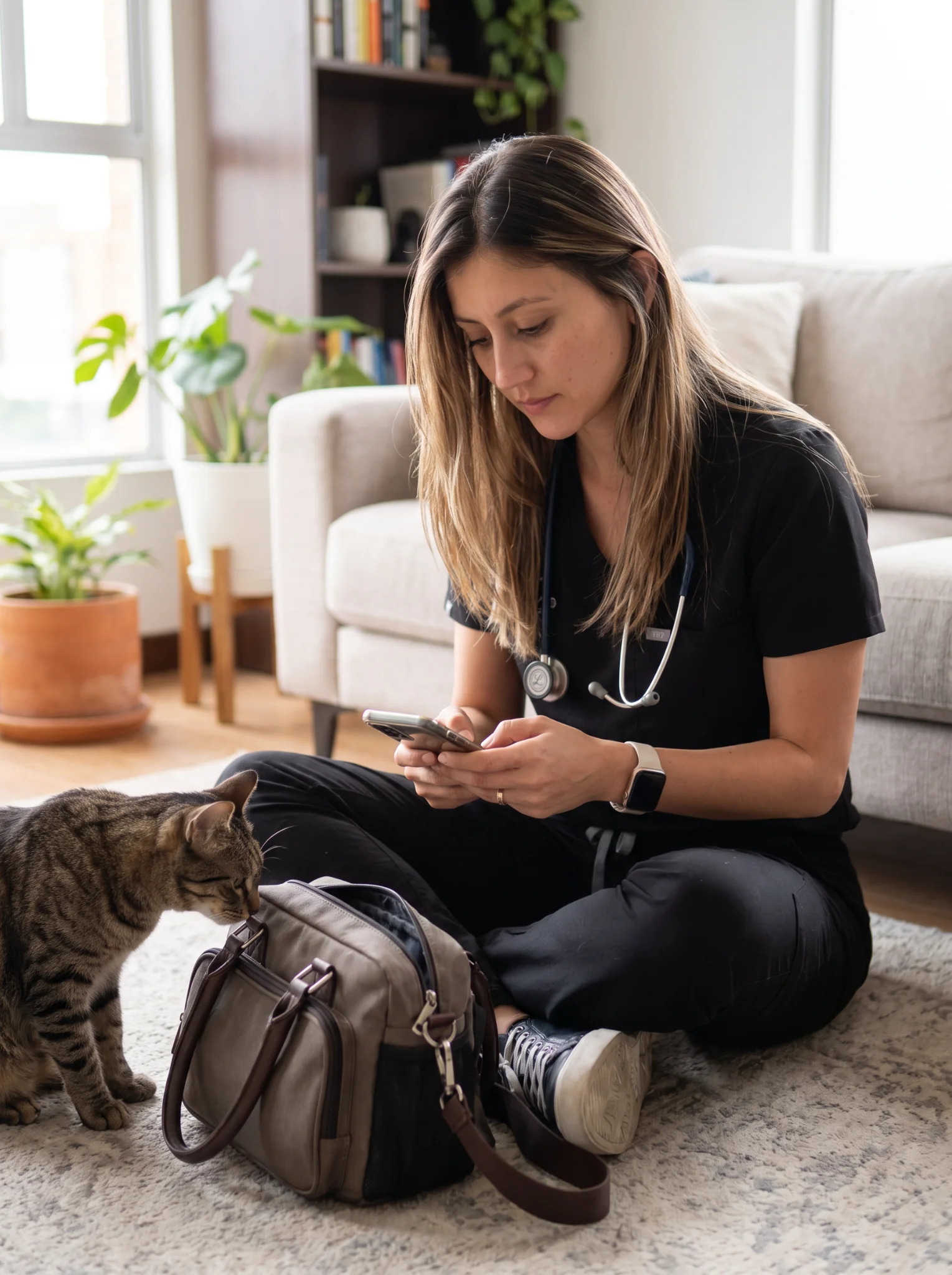 Lina atendiendo a un gato en una consulta veterinaria a domicilio