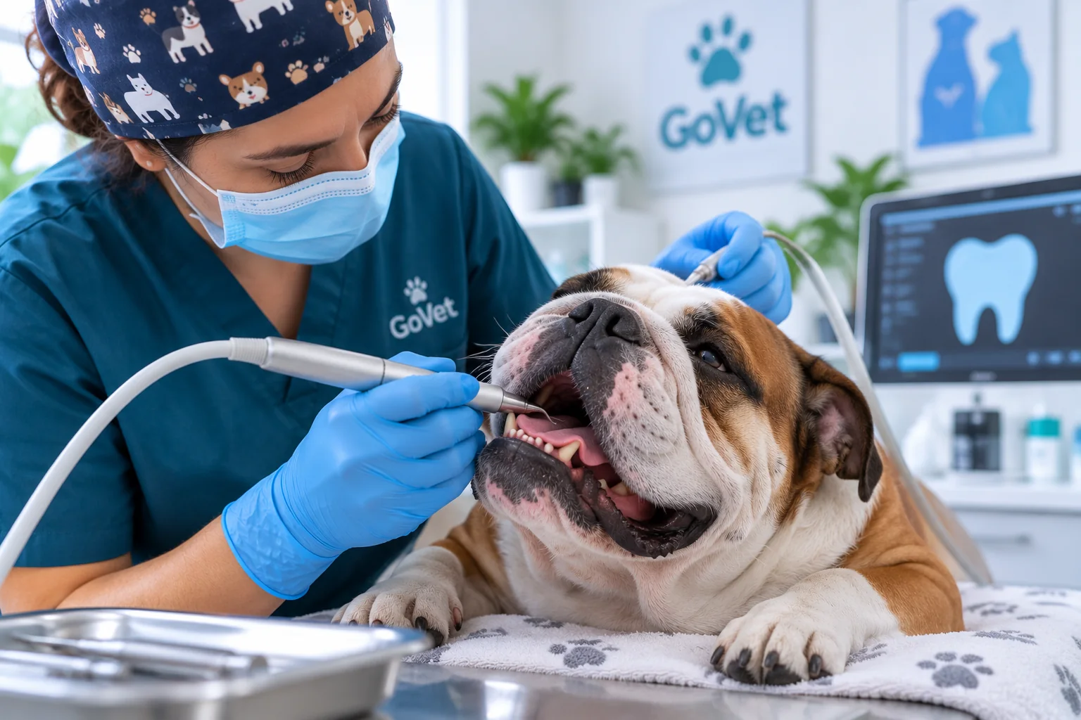 Profilaxis dental veterinaria para un bulldog