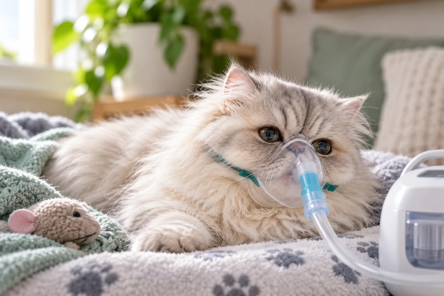 Gato persa tranquilo recibiendo terapia respiratoria en un ambiente de hogar