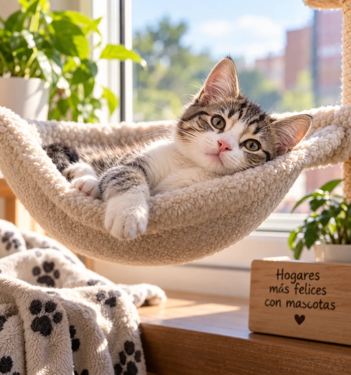 Gatito tranquilo descansando en una hamaca junto a una ventana