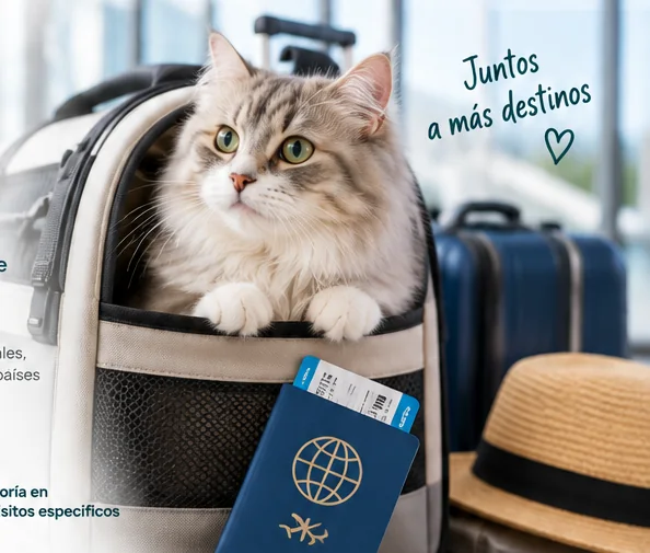 Gato en transportadora con elementos de viaje